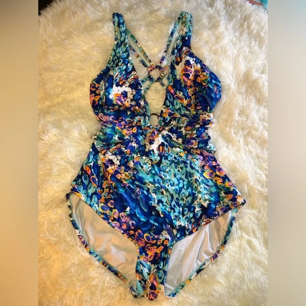 VENUS Blue and Orange One Piece Swimsuit with Plunging V-neckline